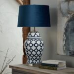 Acanthus Blue And White Ceramic Lamp With Blue Velvet Shade 3 - The Rustic Home