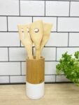 Six Piece Wooden Utensils with Round Holder 3 - The Rustic Home